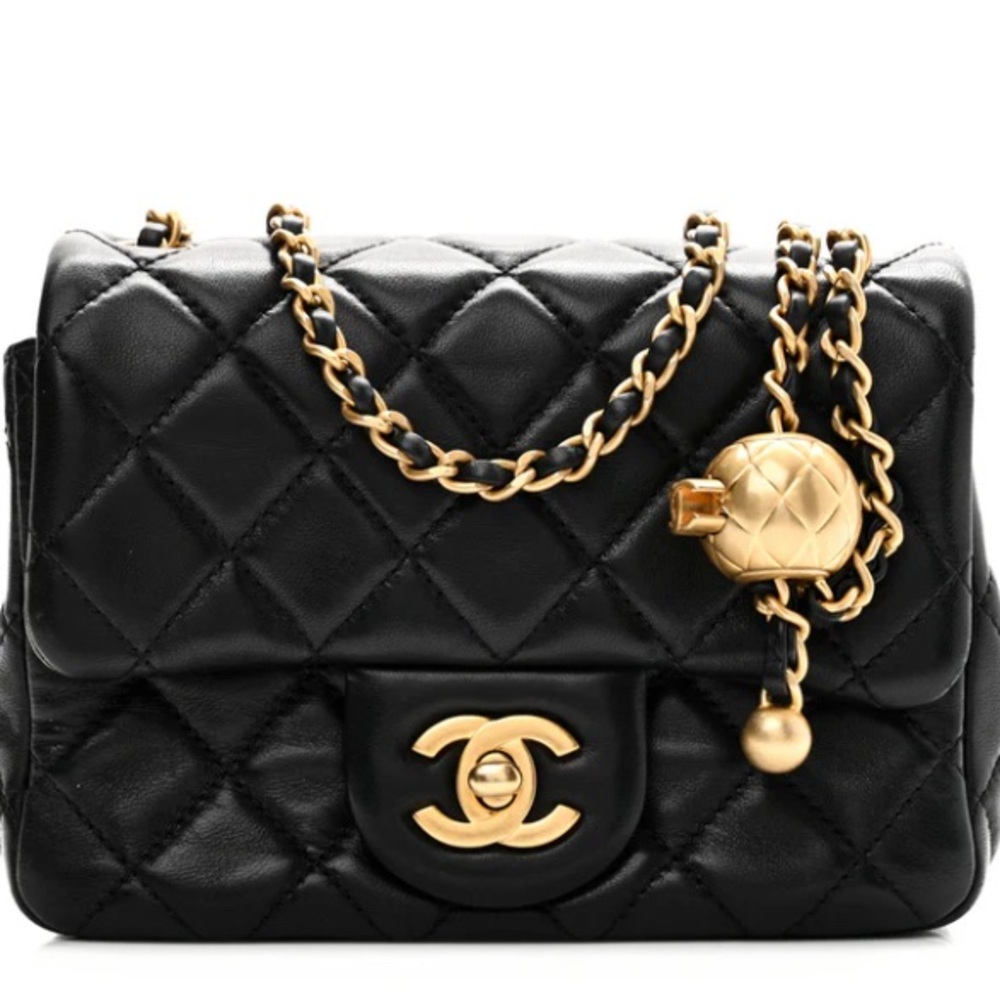 Fashion Elegant Black Quilted Pearl Crush Mini Crossbody with Gold Mono Accents